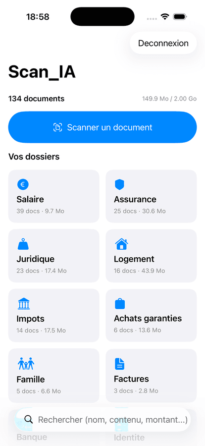 L’accueil de l’application iPhone : le nombre de documents, le bouton « Scanner un document », les dossiers en vignettes et la recherche.