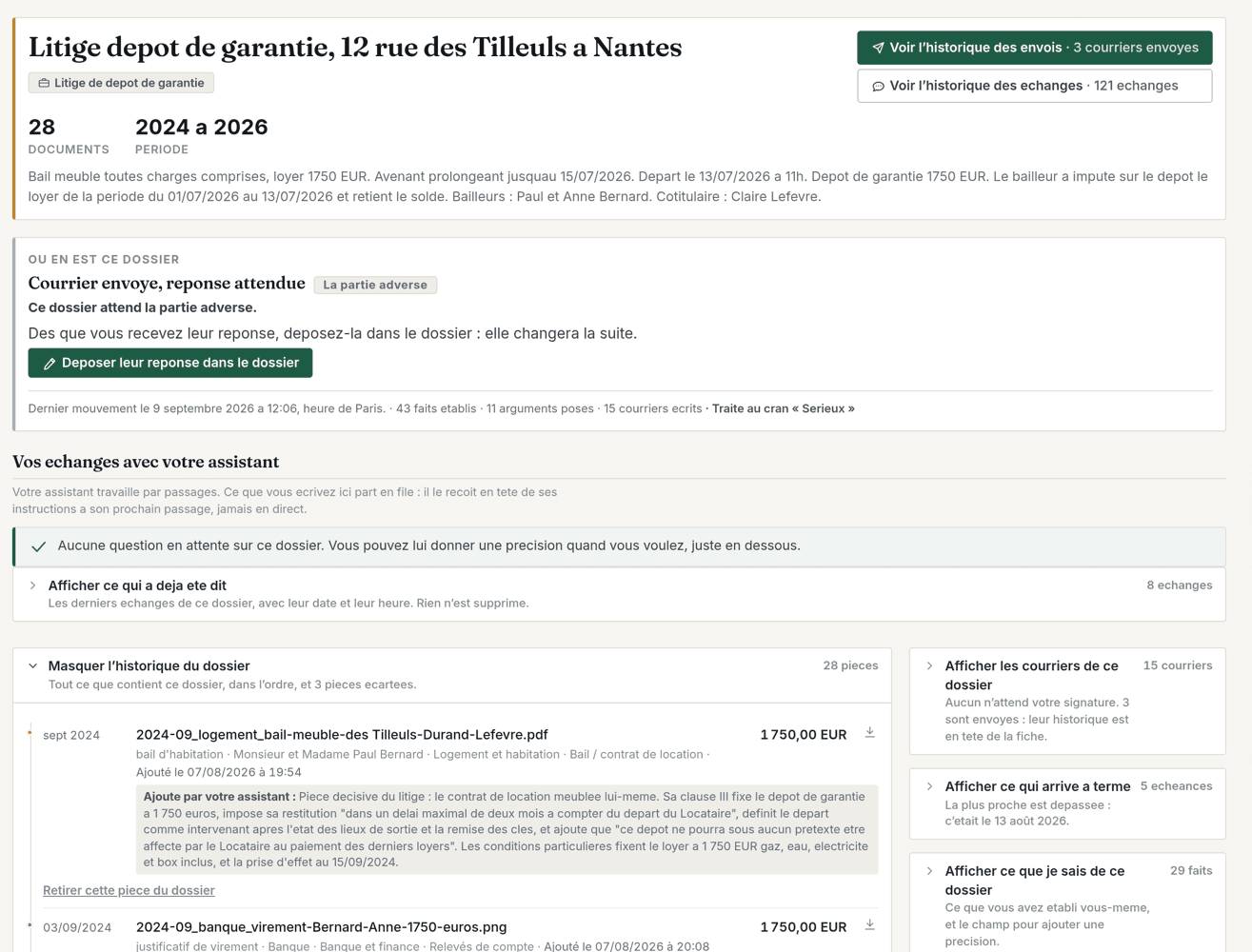 La fiche d’un dossier de dépôt de garantie sur le site : le nombre de pièces, la période, l’encart « Où en est ce dossier » et le geste suivant.